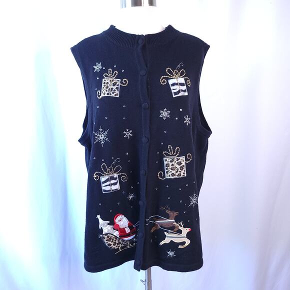 CJ Banks Sweaters - CJ Banks Black Sleeveless Button Up Christmas Cardigan Sweater Vest Santa 1X